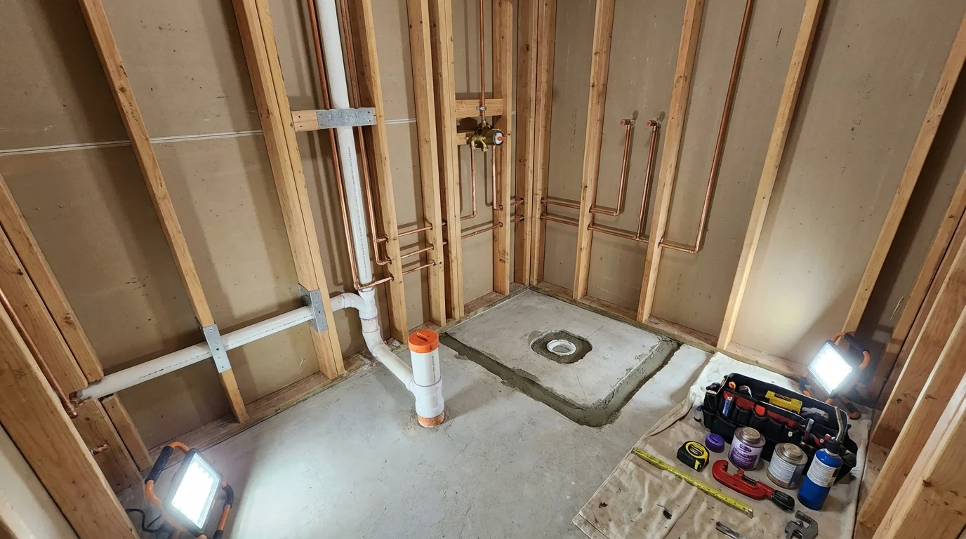 Bathroom rough-in plumbing during remodel by Johns Plumbing LLC in North Liberty