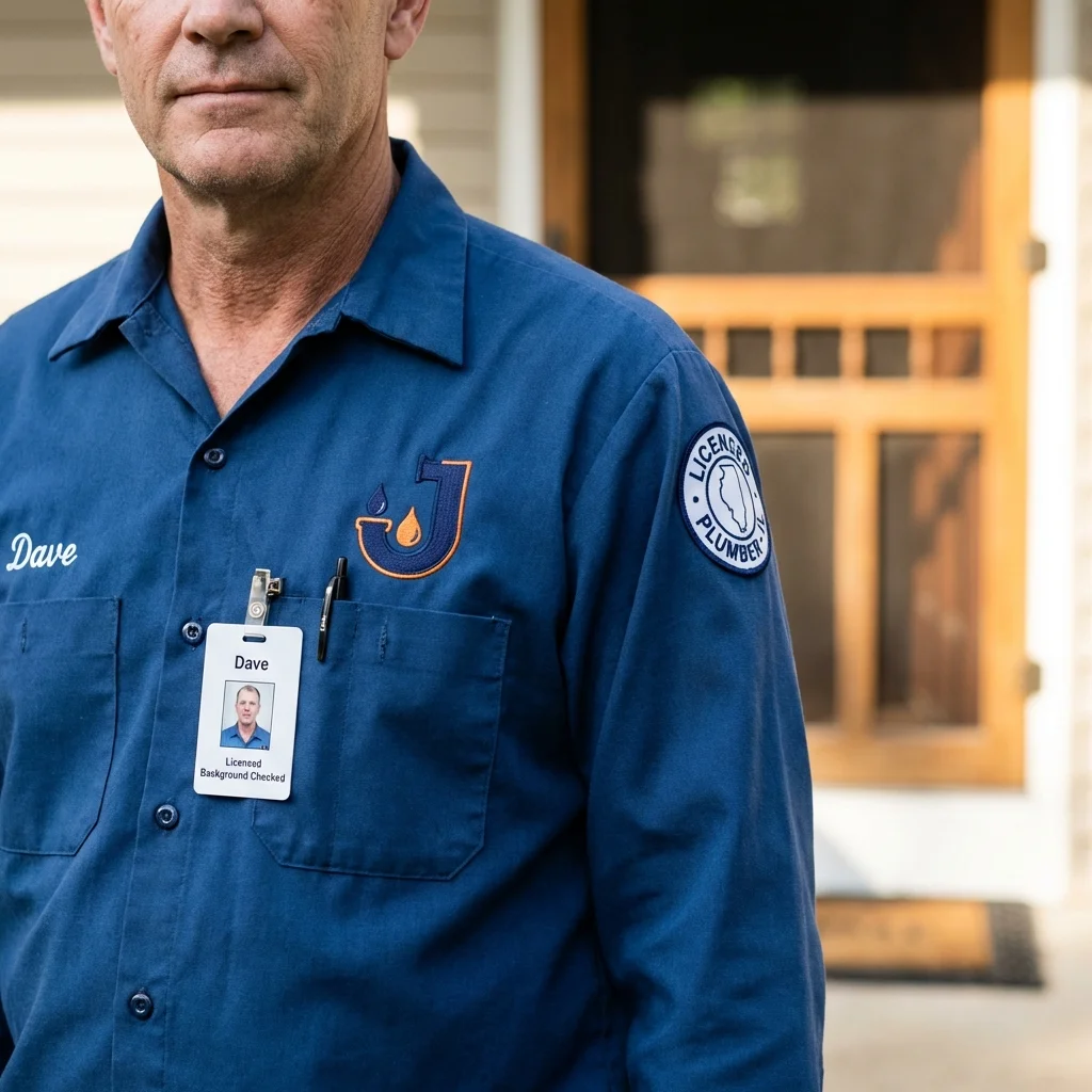 Licensed plumber showing ID badge in North Liberty, IA