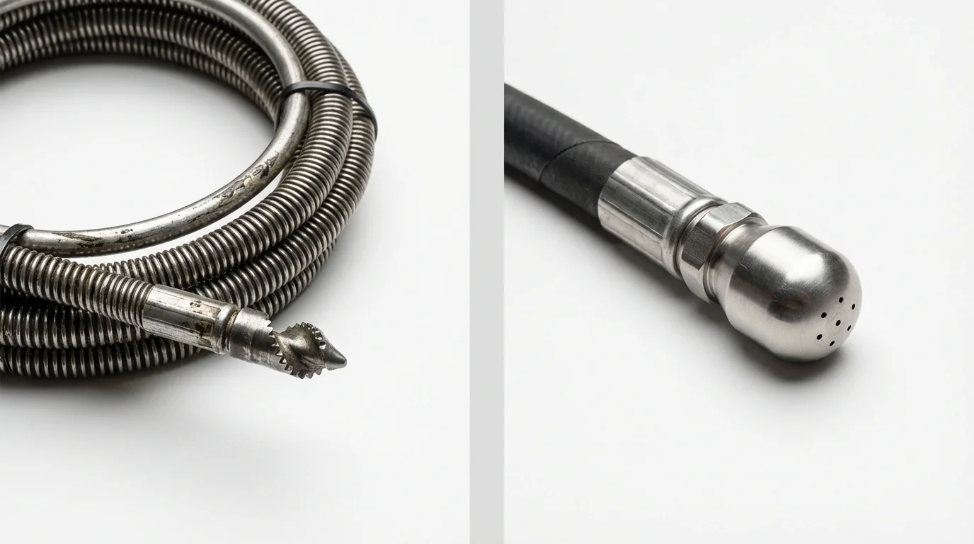Drain snake cable and hydro jetting nozzle used for drain cleaning in North Liberty, IA