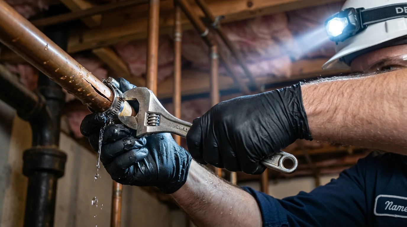 Emergency pipe clamp repair being performed by a Johns Plumbing LLC plumber in North Liberty