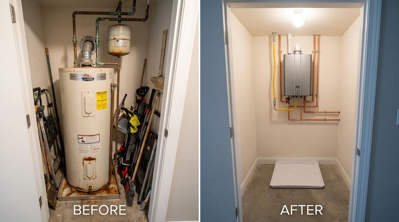 Tank water heater versus wall-mounted tankless unit comparison for North Liberty, IA homeowners