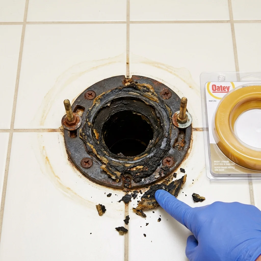 Failed wax ring showing water seepage at the base of a toilet in a North Liberty, IA home