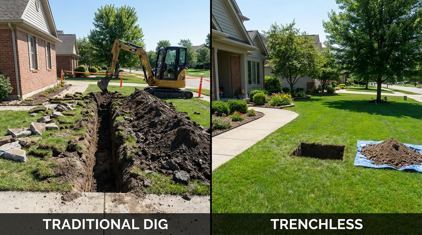 Trenchless sewer repair with minimal yard damage versus traditional excavation in North Liberty, IA