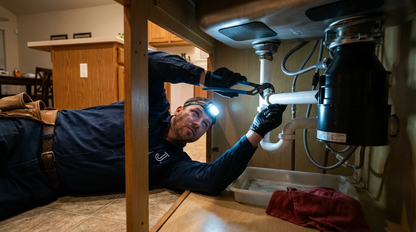 P-trap and supply line connections under a kitchen sink showing a common leak point in North Liberty, IA